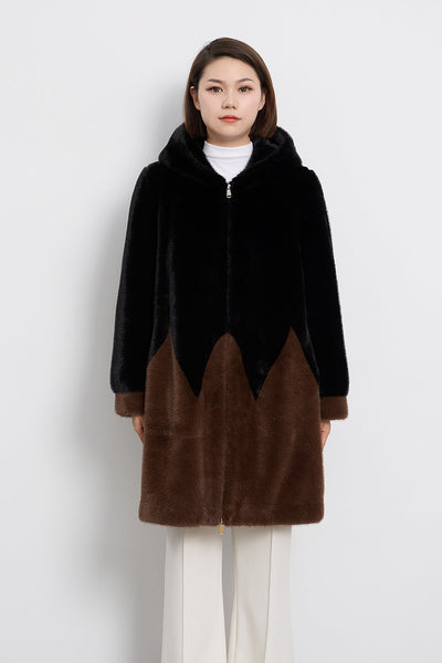 Lucchi Italy Women's Hooded Fur Short Coat - Black/Brown