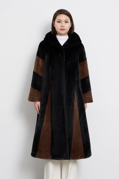 Lucchi Italy Women's Hooded Fur Long Coat - Black/Brown