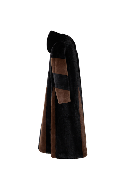 Lucchi Italy Women's Hooded Fur Long Coat - Black/Brown