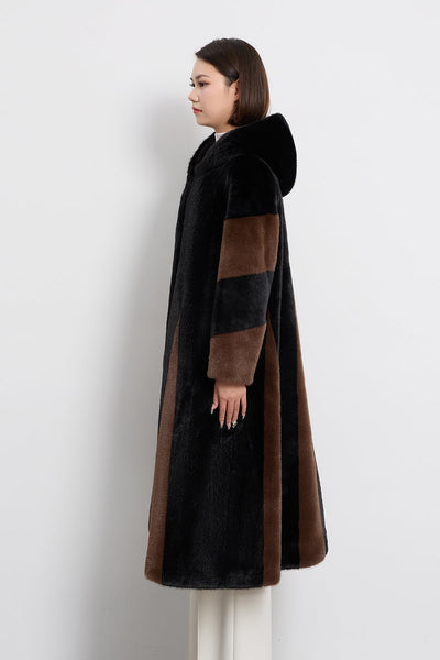 Lucchi Italy Women's Hooded Fur Long Coat - Black/Brown