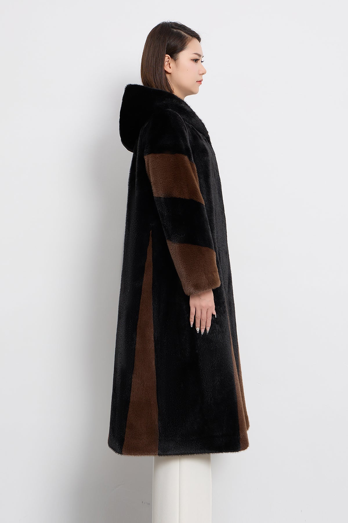 Lucchi Italy Women's Hooded Fur Long Coat - Black/Brown