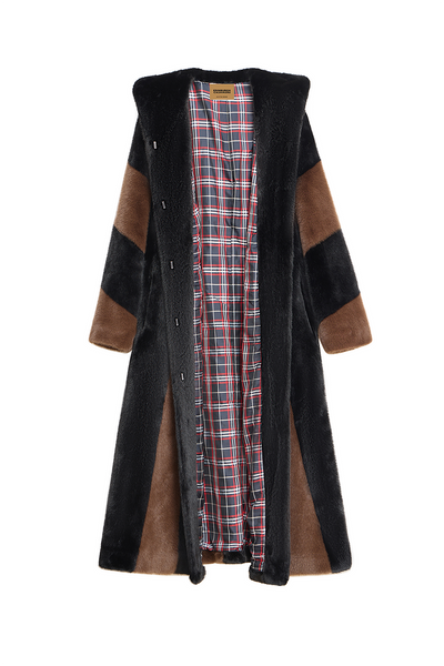 Lucchi Italy Women's Hooded Fur Long Coat - Black/Brown