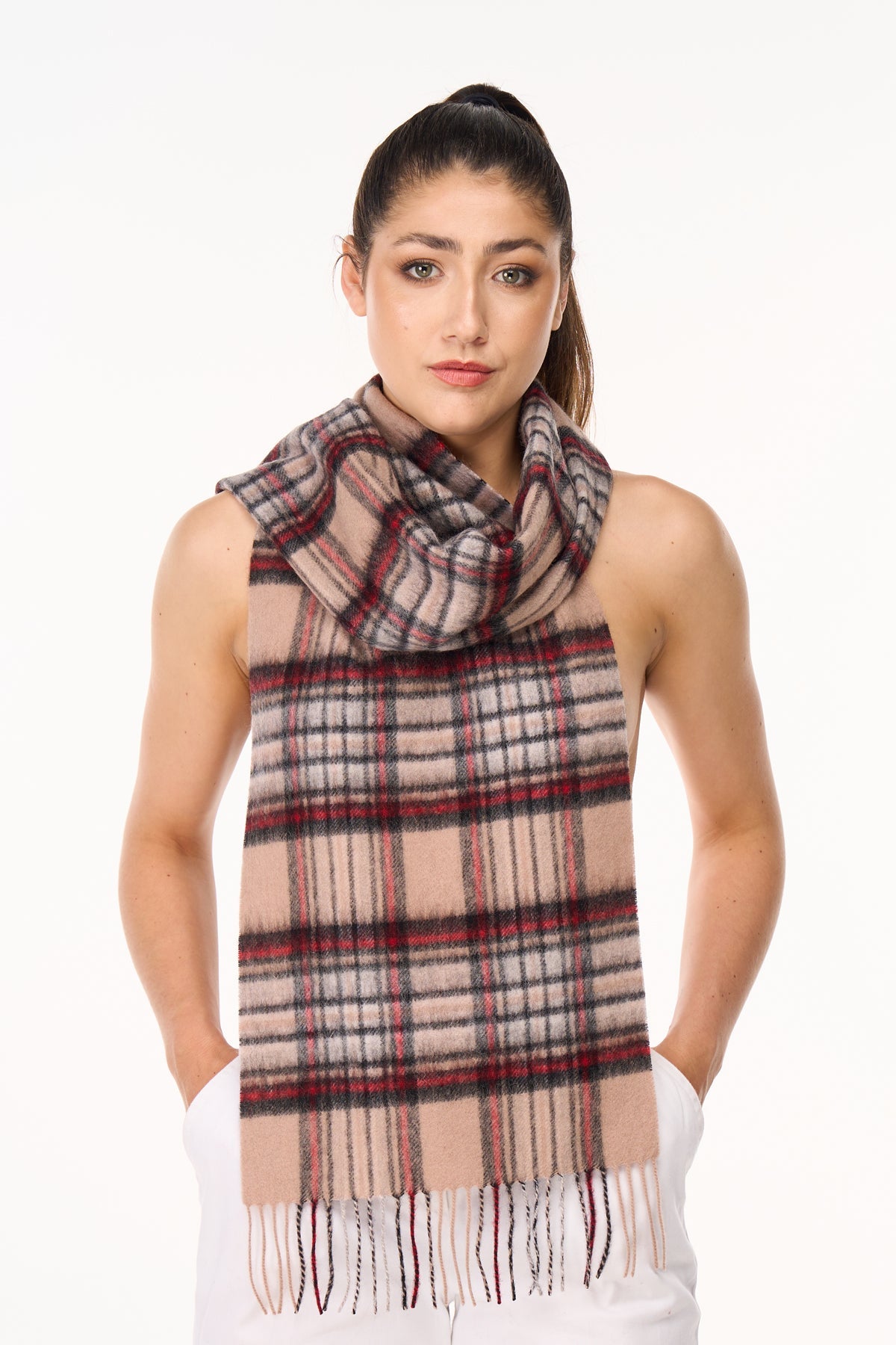 Lucchi Italy 100% Pure Cashmere Scarf Stewart Camel Tartan - Big Size