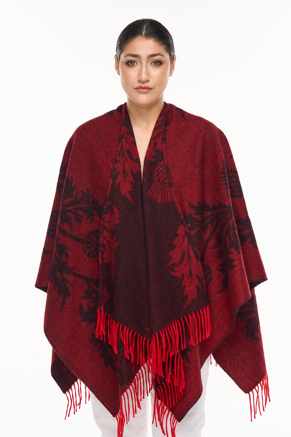 Lucchi Italy Cape Single Thistle Red Poncho 100% Pure Lambswool