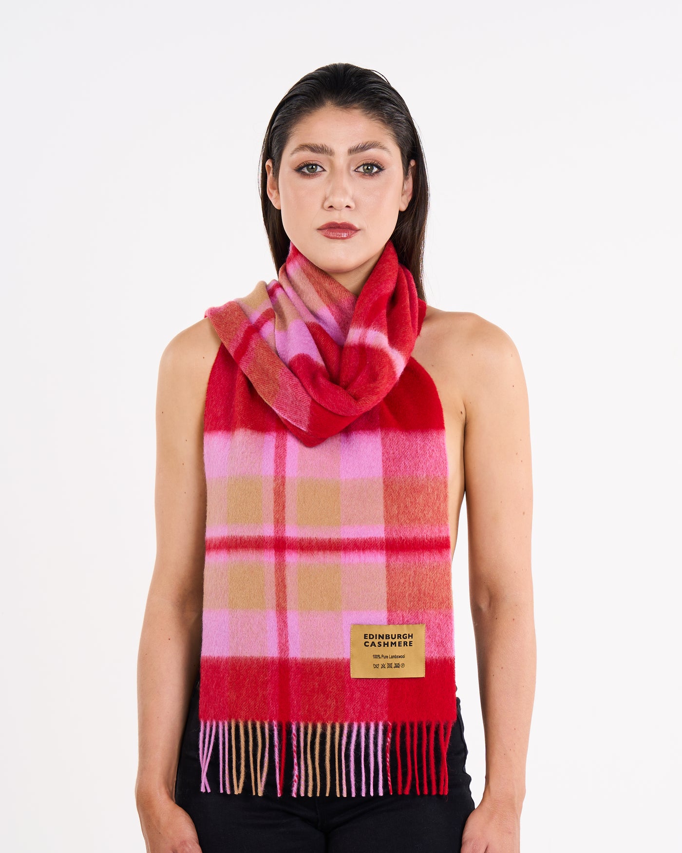 100% Pure Lambswool Scarf Red/Camel