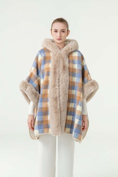 Lucchi Italy Women’s Hooded Cape - Blue/Camel