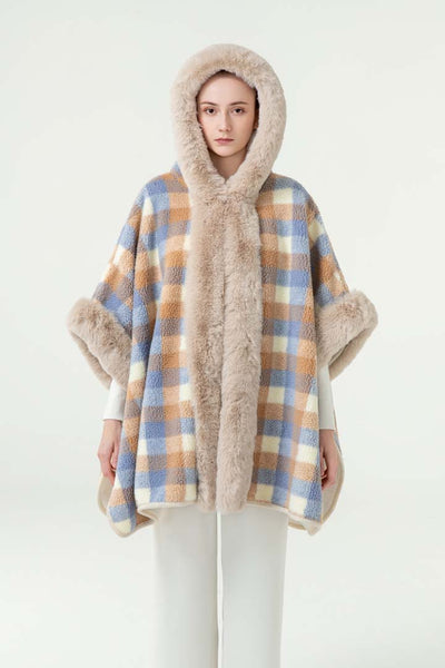 Lucchi Italy Women’s Hooded Cape - Blue/Camel