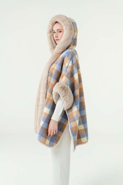 Lucchi Italy Women’s Hooded Cape - Blue/Camel
