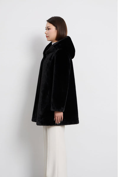 Lucchi Italy Women's Hooded Fur Short Coat - Black
