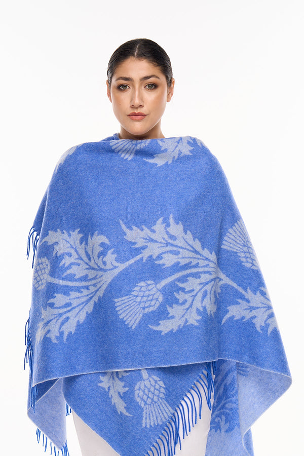 Lucchi Italy Cape Single Thistle Blue Poncho 100% Pure Lambswool