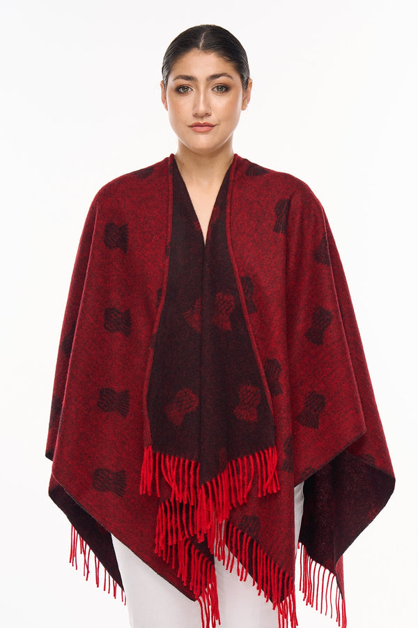 Lucchi Italy Cape Small Thistle Red Poncho 100% Pure Lambswool