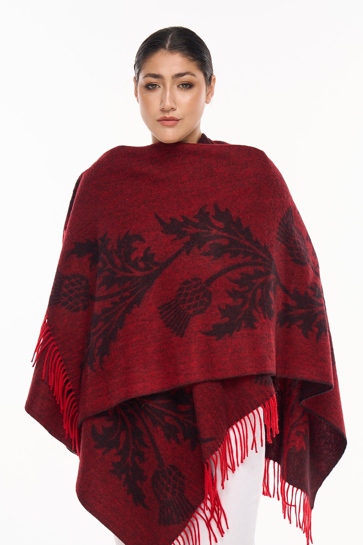 Lucchi Italy Cape Single Thistle Red Poncho 100% Pure Lambswool