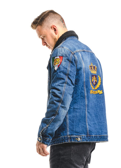 Lucchi Italy Embroidered Dark Blue Denim Jacket With Faux Fur