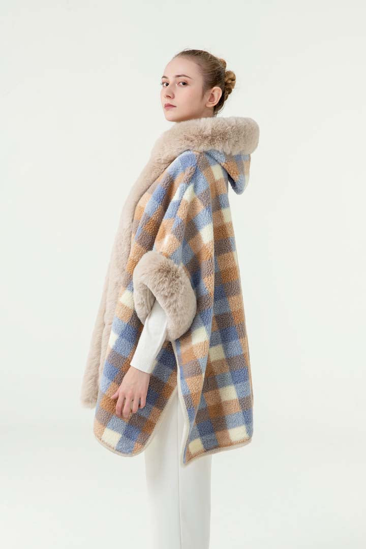 Lucchi Italy Women’s Hooded Cape - Blue/Camel