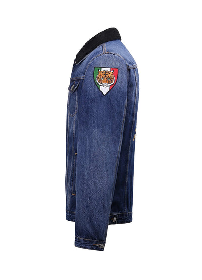 Lucchi Italy Embroidered Dark Blue Denim Jacket With Faux Fur