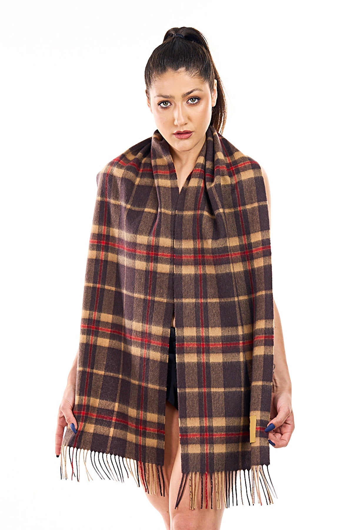 Lucchi Italy Cashmere Wool Scarf EC Check Exclusive Iconic Design Black