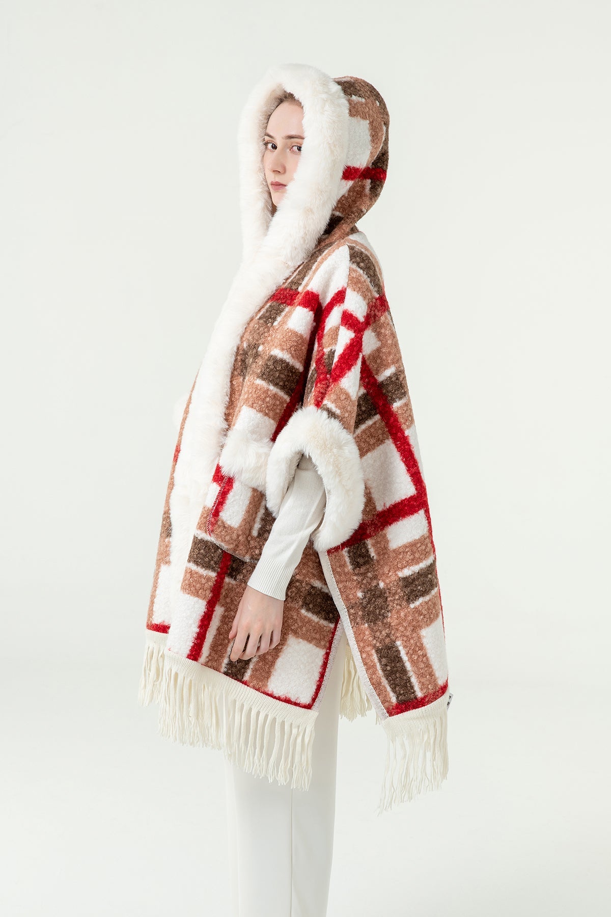 Lucchi Italy Women's Hooded Cape - Red/Brown