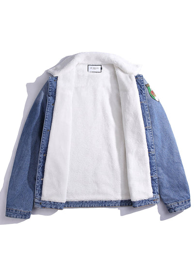 Lucchi Italy Embroidered Blue Denim Jacket With Faux Fur