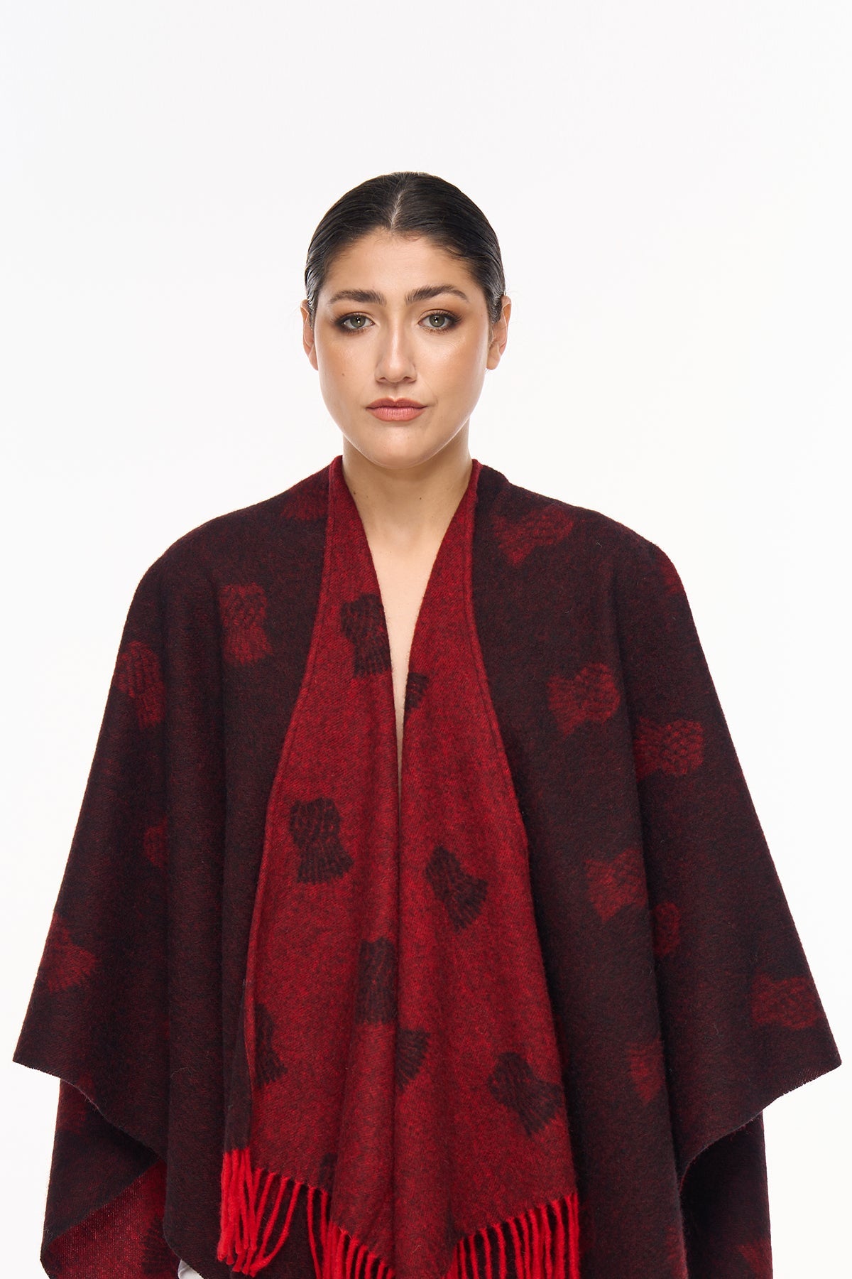 Lucchi Italy Cape Small Thistle Red Poncho 100% Pure Lambswool