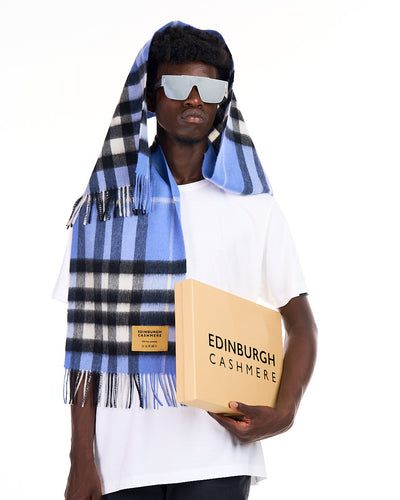 100% Pure Lambswool Scarf DC Check Light Blue