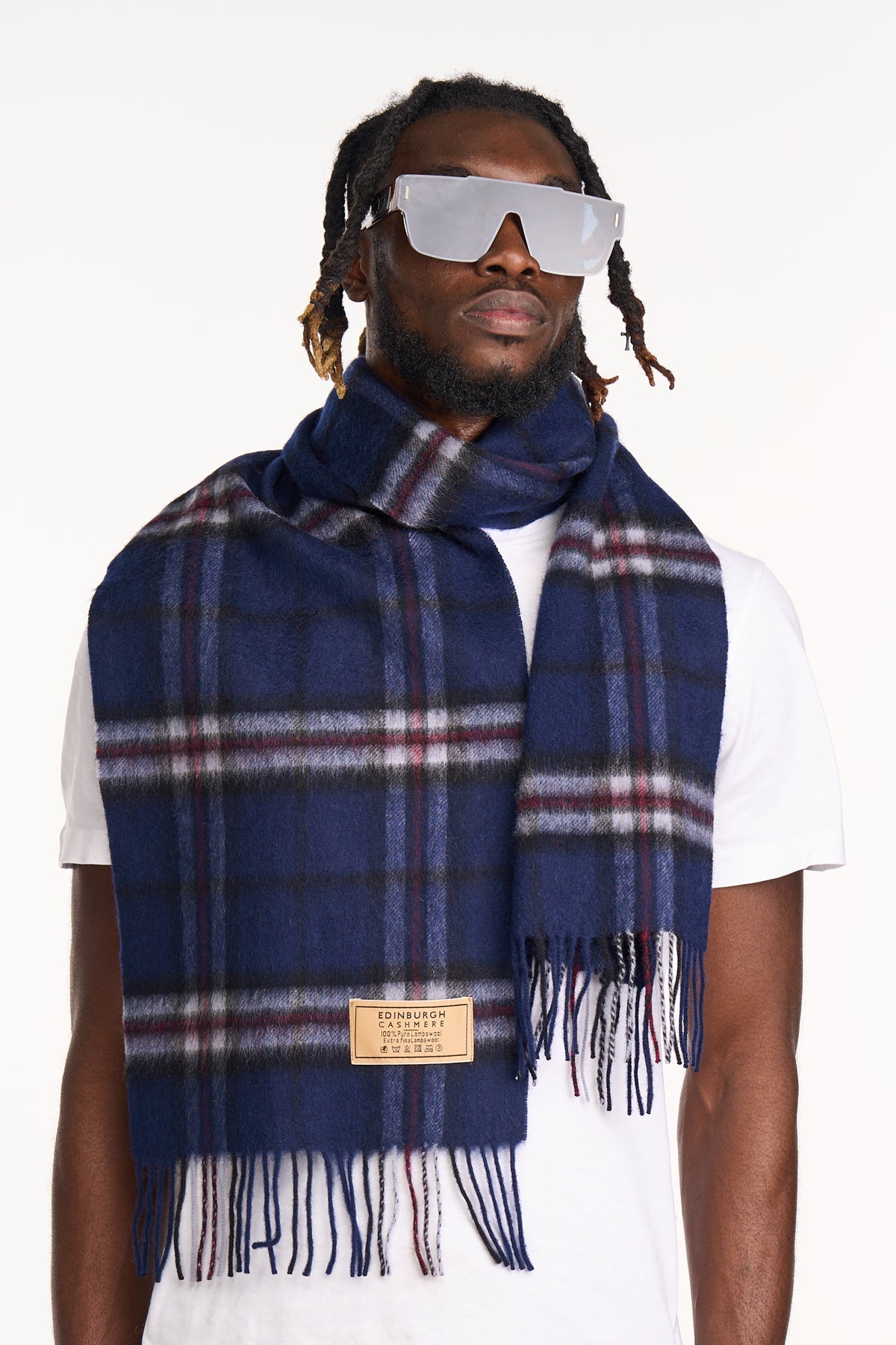 Lucchi Italy 100% Pure Cashmere Scarf Thomson Navy Tartan - Big Size
