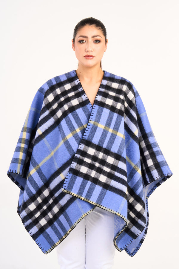 Lucchi Italy Cape EC Reversible Blue Poncho 100% Pure Lambswool