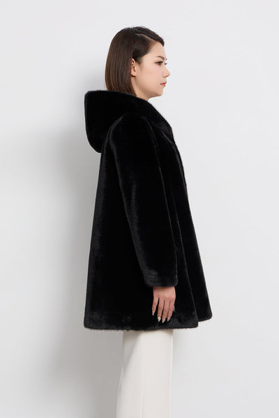 Lucchi Italy Women's Hooded Fur Short Coat - Black