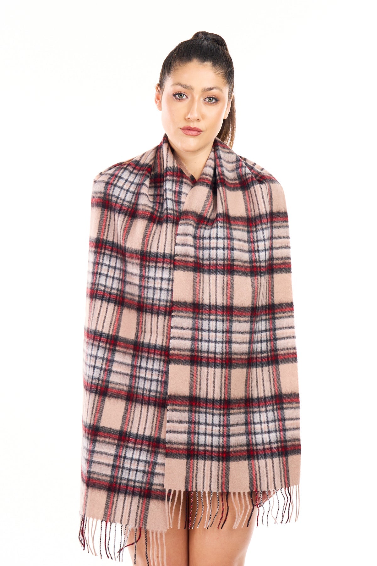 Lucchi Italy 100% Pure Cashmere Scarf Stewart Camel Tartan - Big Size