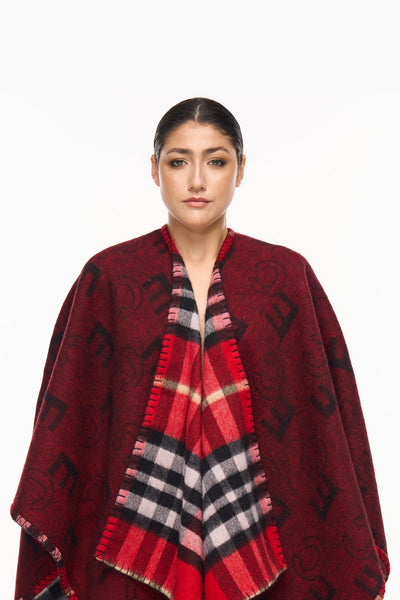 Lucchi Italy Cape EC Reversible Red Poncho 100% Pure Lambswool