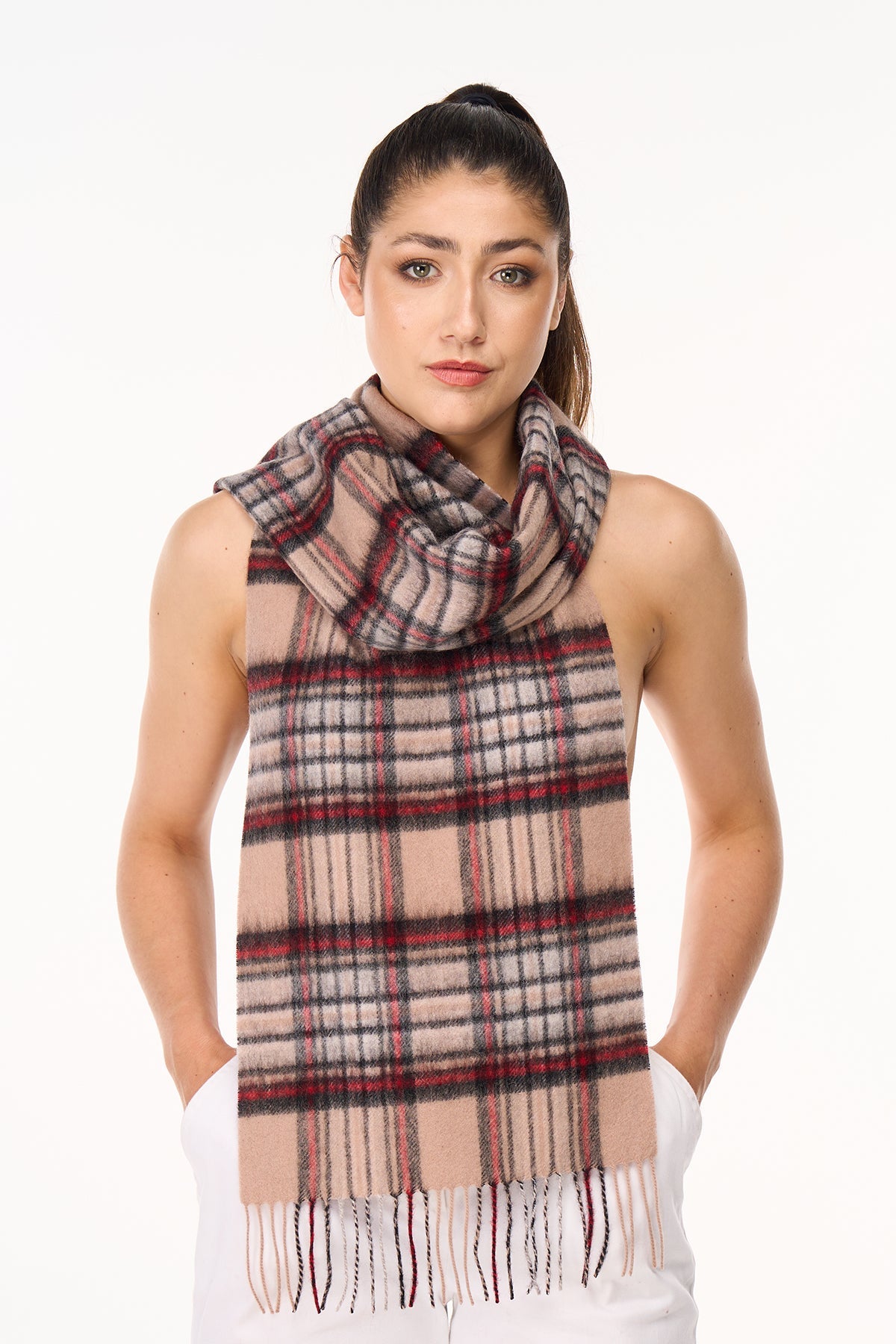 Lucchi Italy Scarf Stewart Camel Tartan 100% Pure Lambswool