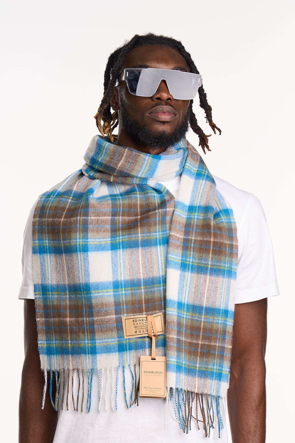 Lucchi Italy Scarf Stewart Muted Blue Tartan 100% Pure Lambswool