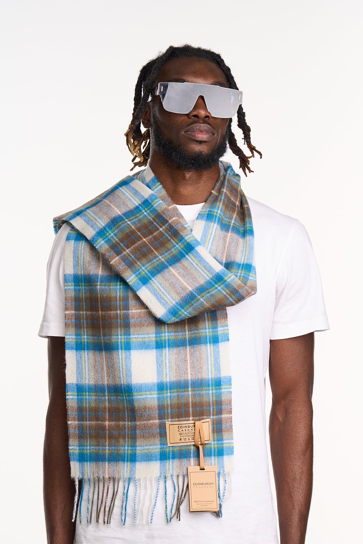 Lucchi Italy Scarf Stewart Muted Blue Tartan 100% Pure Lambswool