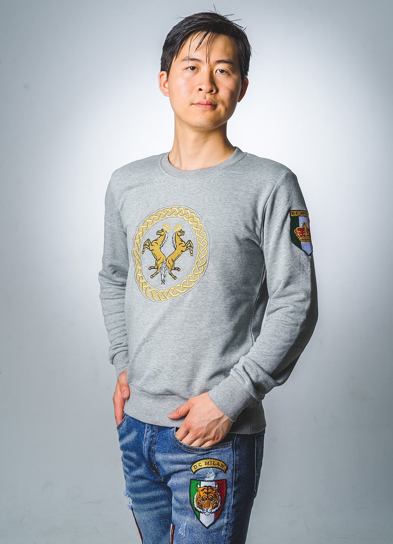 Lucchi Italy Embroidery Light Grey Cotton Sweatshirt With Big Logo