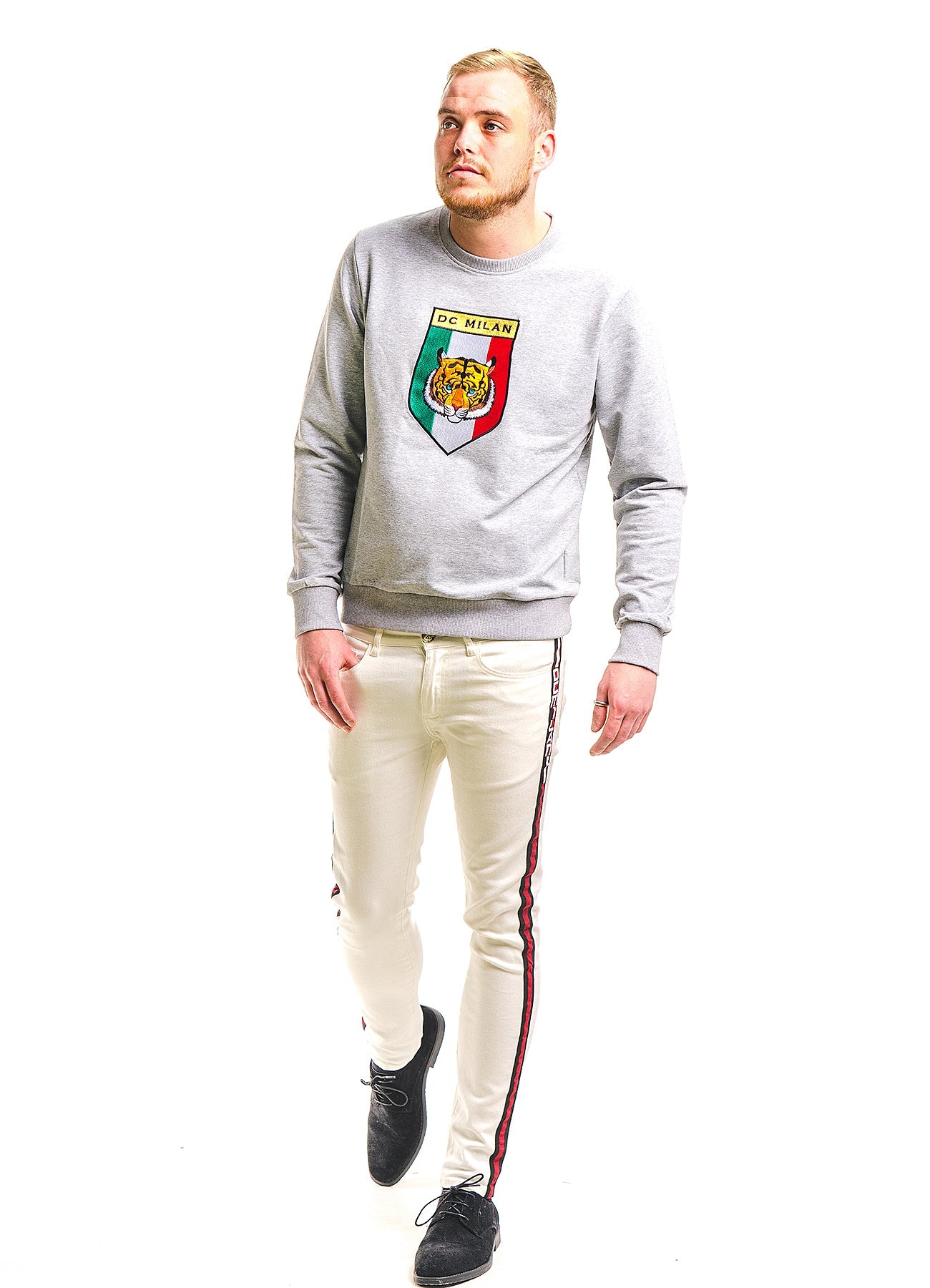 Lucchi Italy Embroidery Light Grey Cotton Sweatshirt With Big Logo