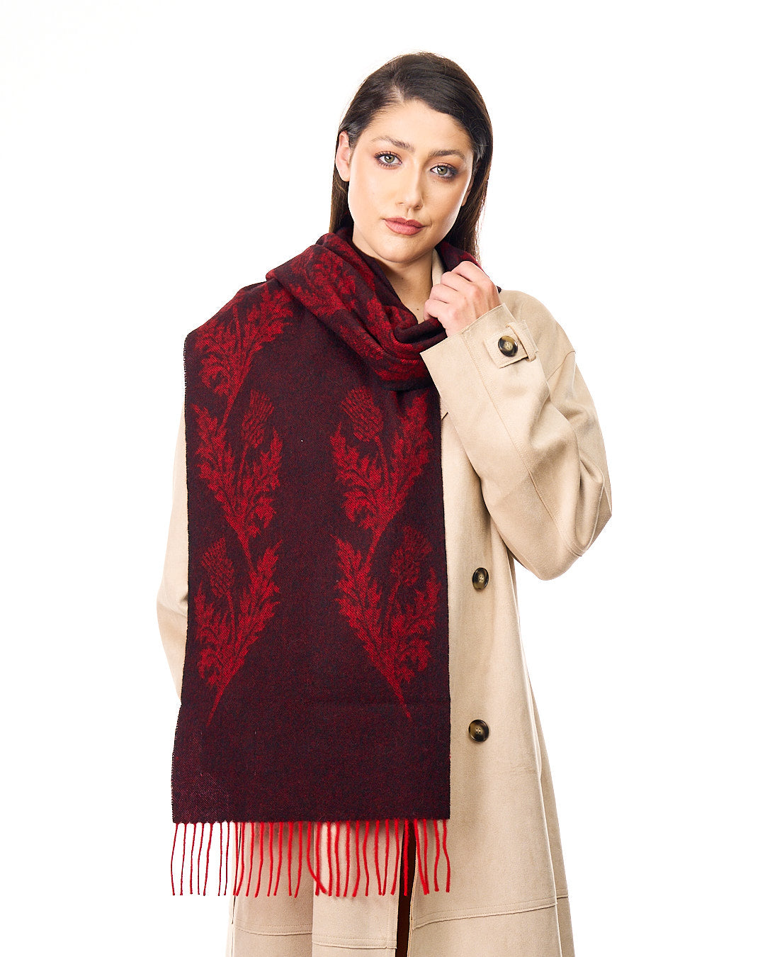 Lucchi Italy Double Thistle Red Scarf 100% Pure Lambswool