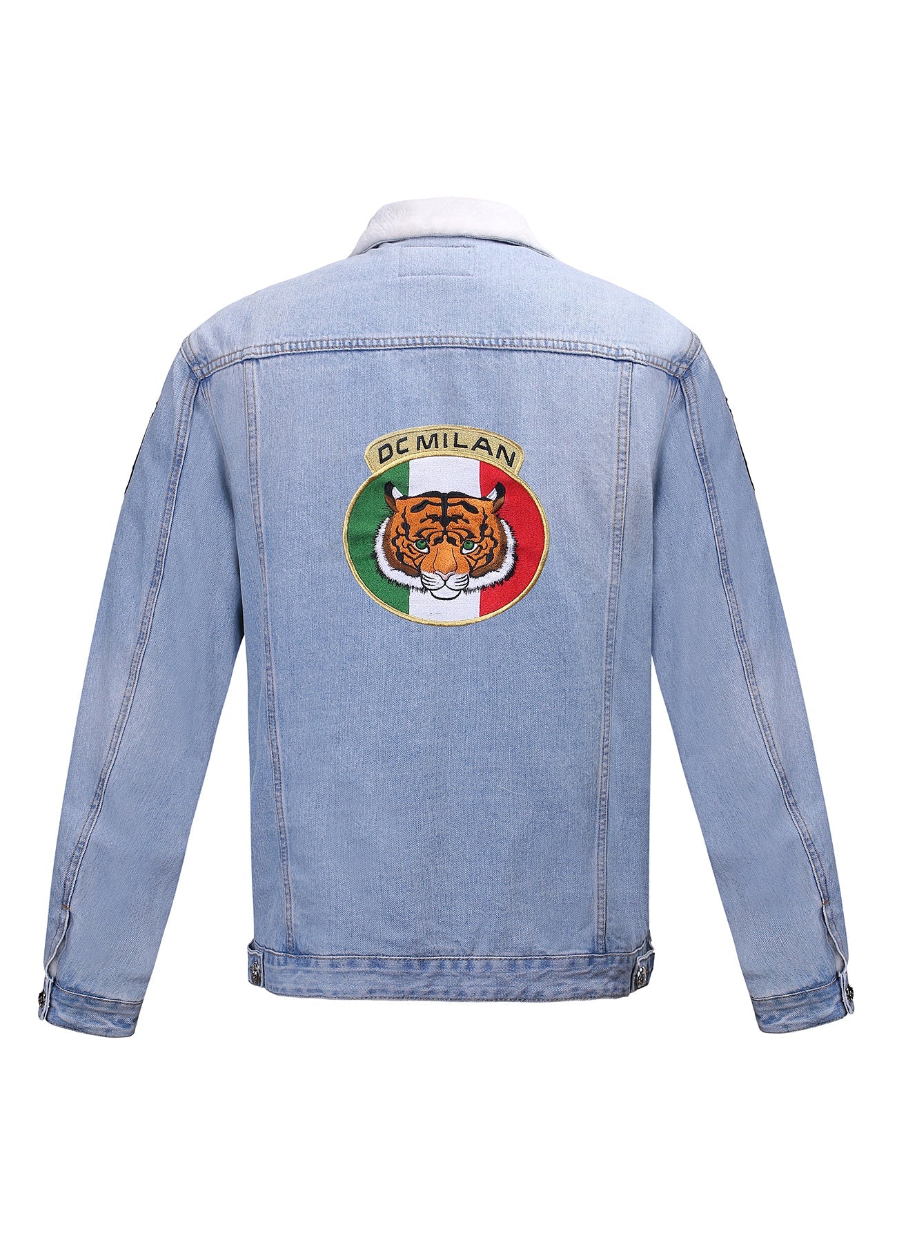Lucchi Italy Embroidered Light Blue Denim Jacket With Faux Fur