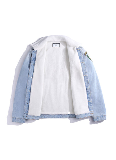 Lucchi Italy Embroidered Light Blue Denim Jacket With Faux Fur