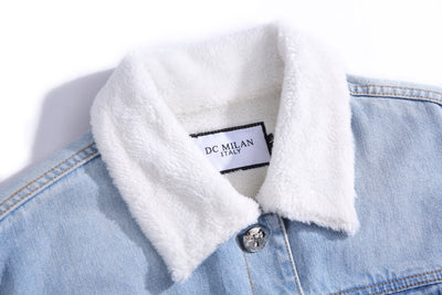 Lucchi Italy Embroidered Light Blue Denim Jacket With Faux Fur