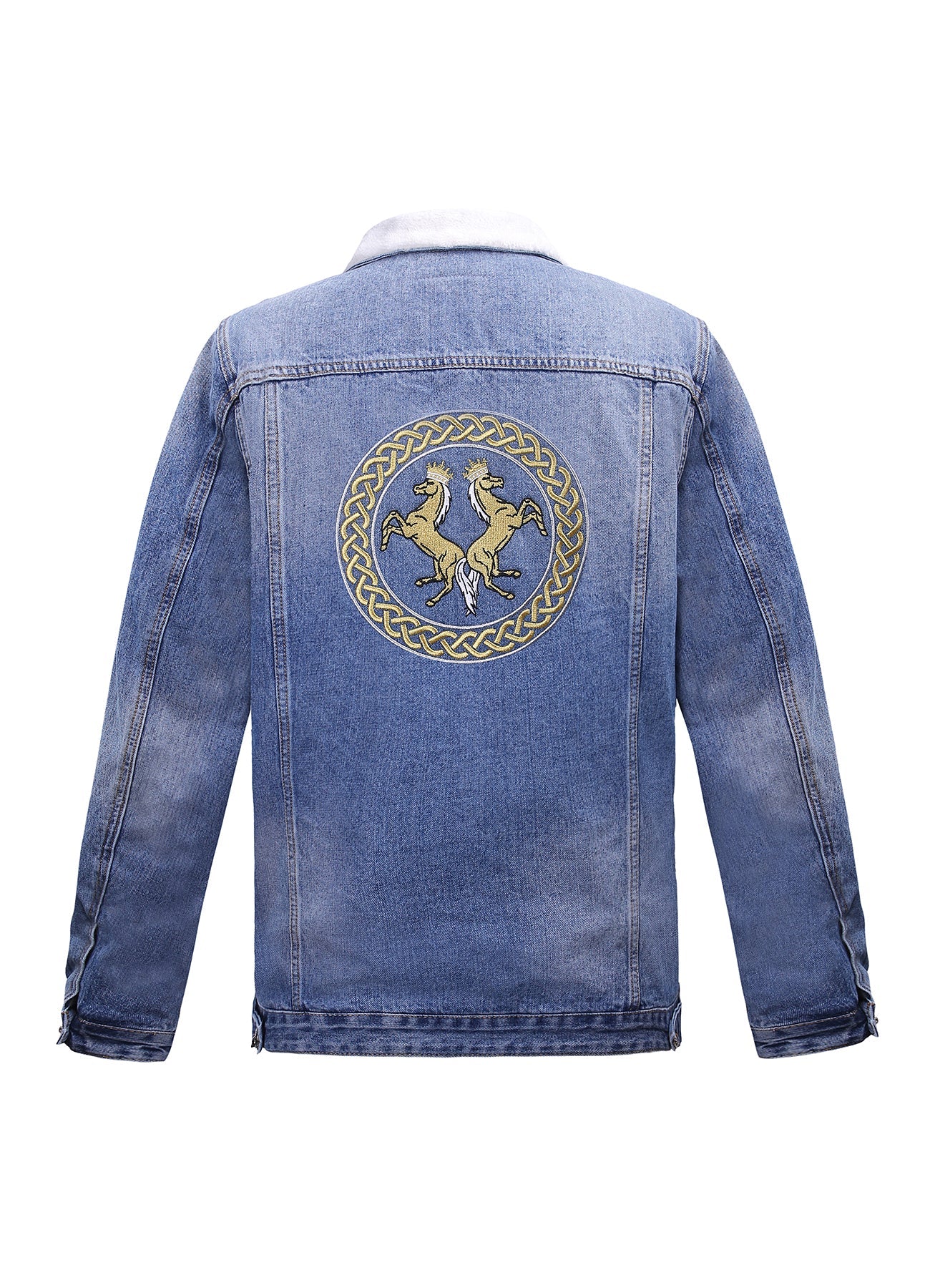 Lucchi Italy Embroidered Light Blue Denim Jacket With Faux Fur