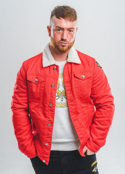Lucchi Italy Embroidered Red Denim Jacket With Faux Fur