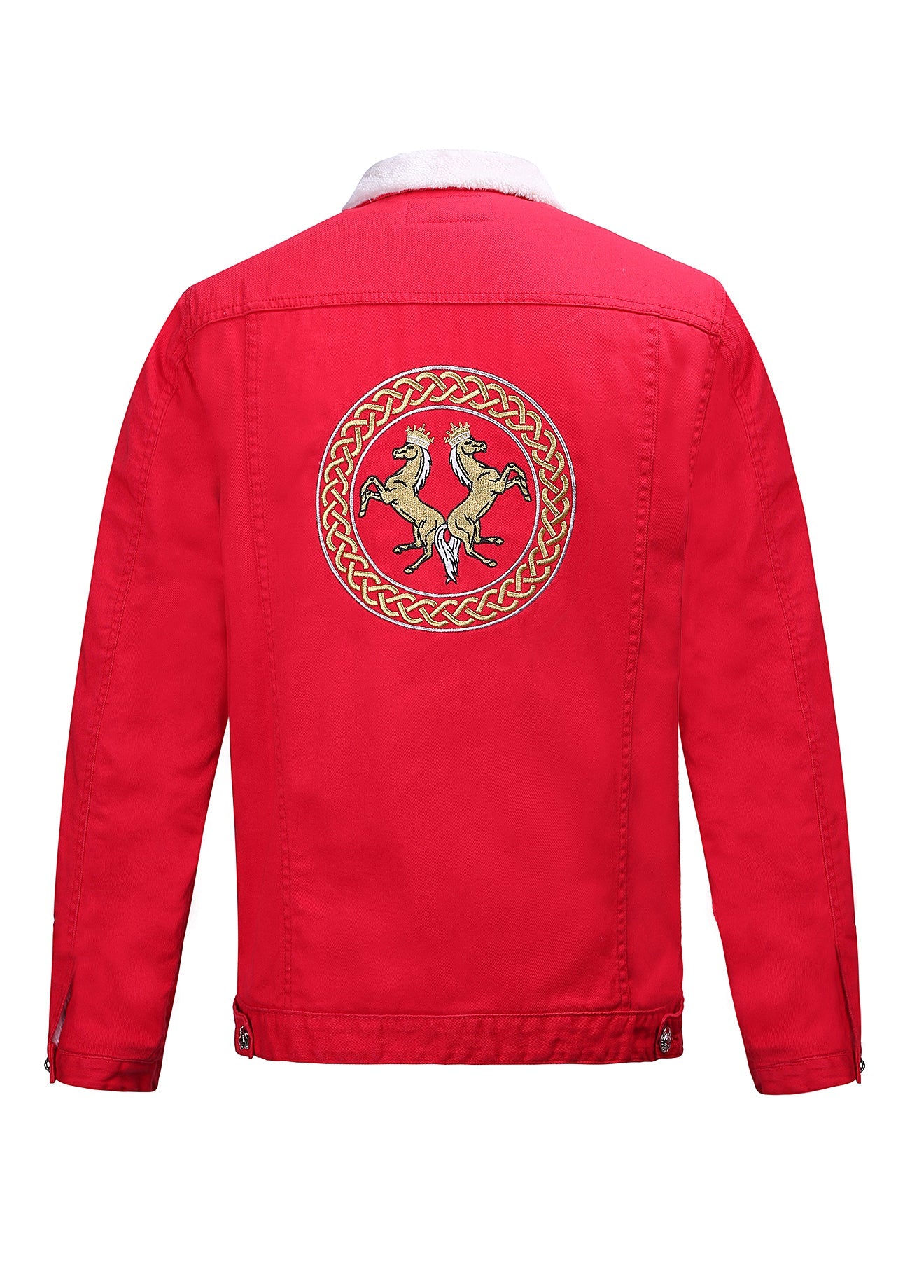 Lucchi Italy Embroidered Red Denim Jacket With Faux Fur