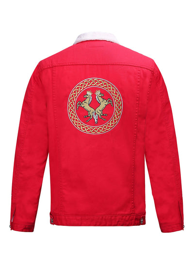 Lucchi Italy Embroidered Red Denim Jacket With Faux Fur