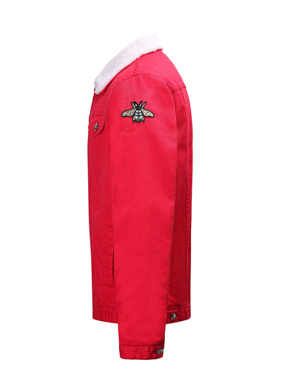 Lucchi Italy Embroidered Red Denim Jacket With Faux Fur