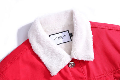 Lucchi Italy Embroidered Red Denim Jacket With Faux Fur