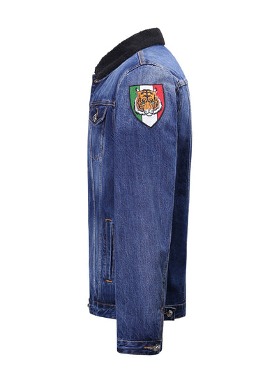 Lucchi Italy Embroidered Dark Blue Denim Jacket With Faux Fur