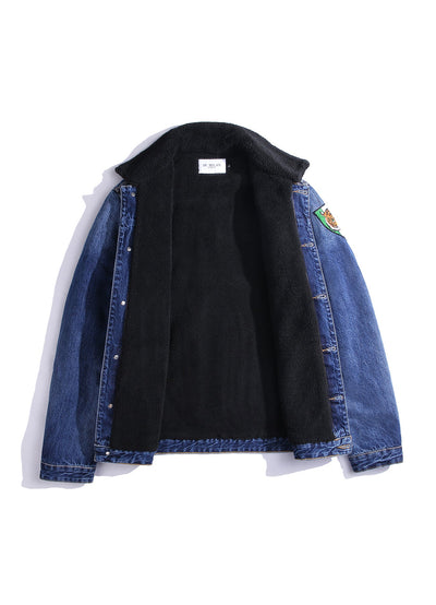 Lucchi Italy Embroidered Dark Blue Denim Jacket With Faux Fur