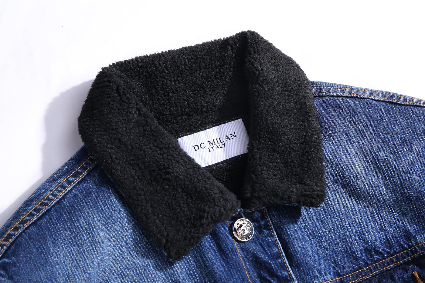 Lucchi Italy Embroidered Dark Blue Denim Jacket With Faux Fur