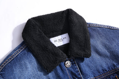 Lucchi Italy Embroidered Dark Blue Denim Jacket With Faux Fur