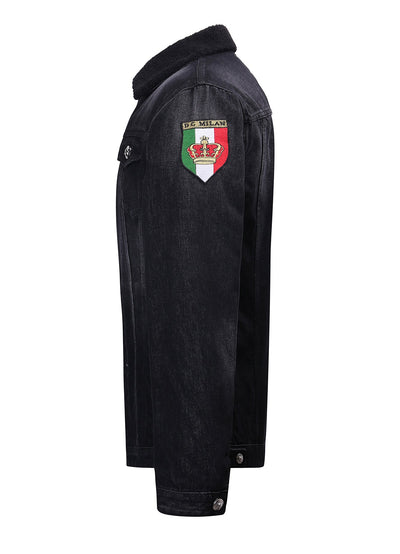 Lucchi Italy Embroidered Black Denim Jacket With Faux Fur