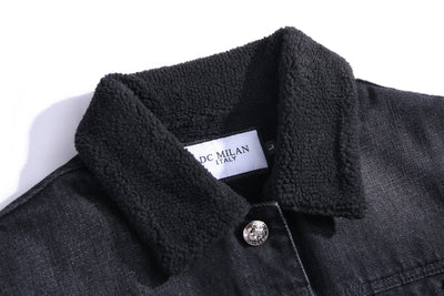Lucchi Italy Embroidered Black Denim Jacket With Faux Fur